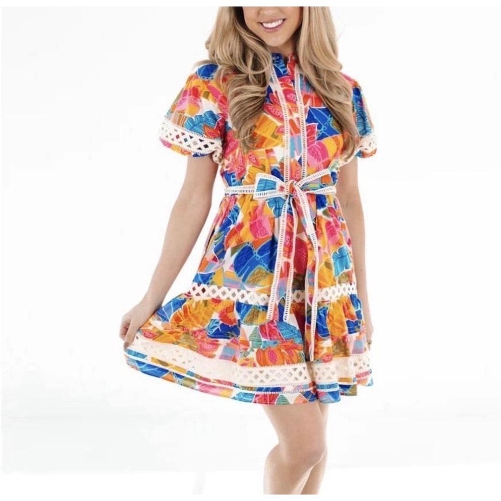 J. Marie The Alana Tie Waist Cotton Multicolor Button Up Short Sleeve Dress S
